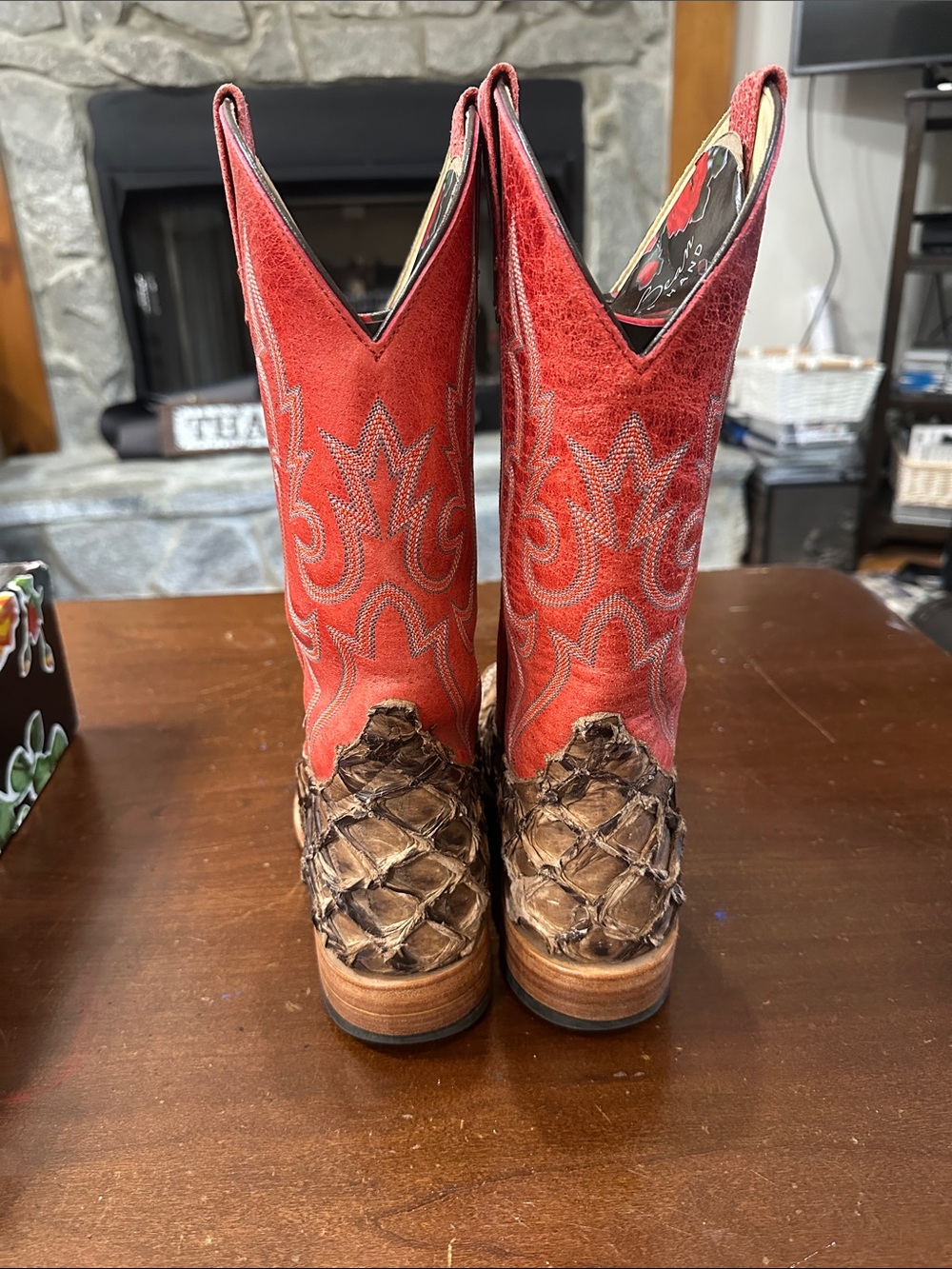 Macie Bean Red Suede Shaft Brown Exotic Leather Cowboy Boots - Picture 3 of 5